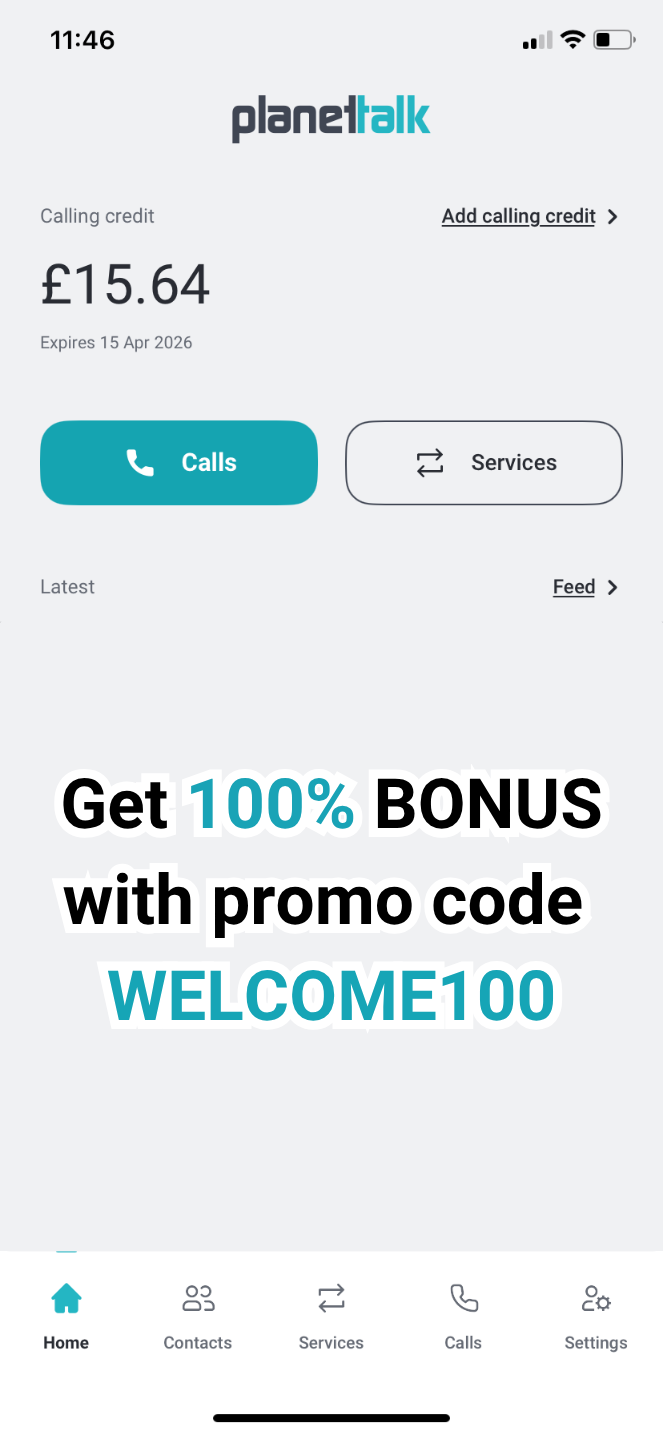 PlanetTalk app showing 100% bonus calling credit with promo code WELCOME100